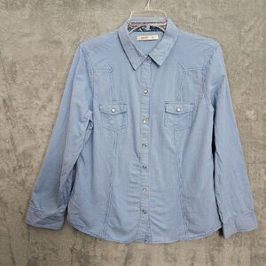 Old Navy Women's Sz Lg Blue White Pearl Snap Blouse cotton long sleeve